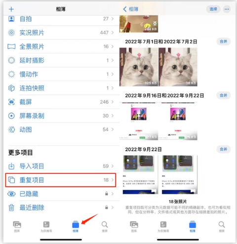 龙滚镇苹果手机维修分享iOS 16 中相册重复项目功能使用方法 
