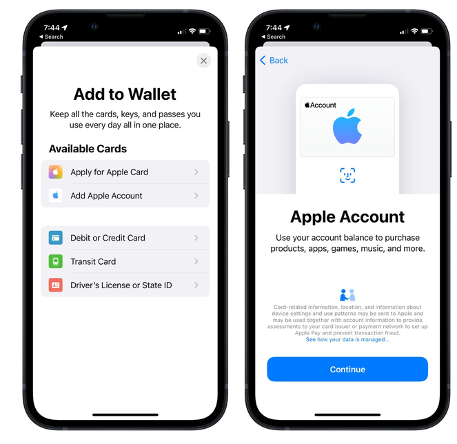 龙滚镇苹果手机维修分享iOS 15.5钱包App如何添加 Apple 账户 